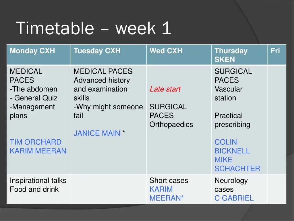 timetable week 1