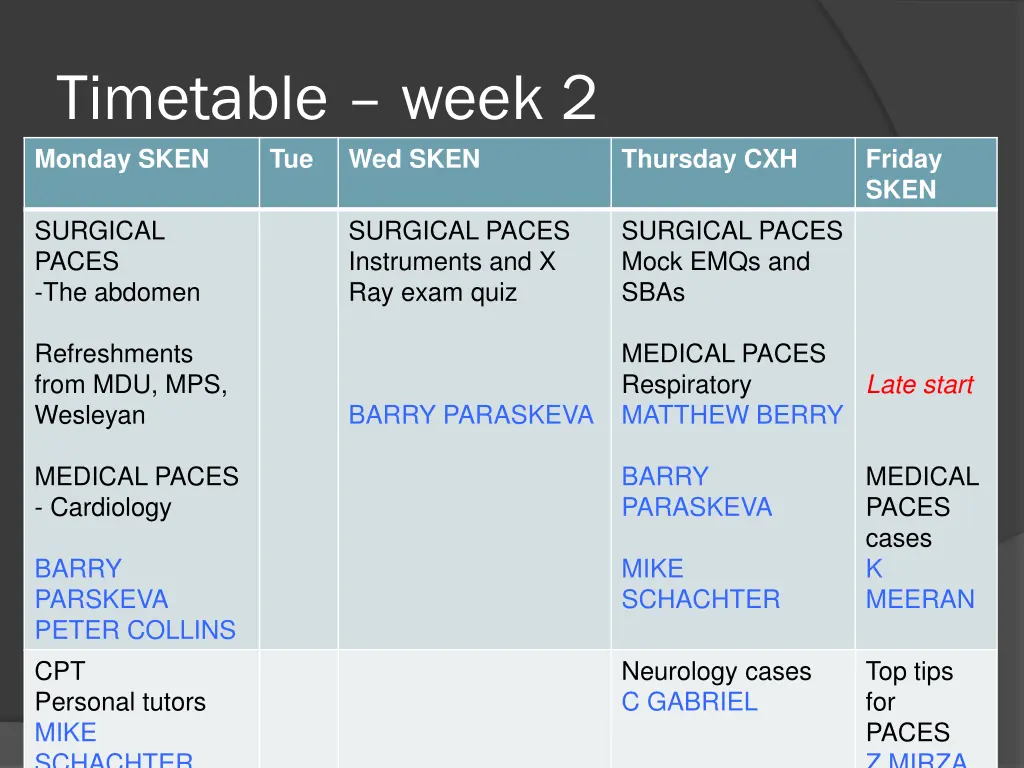 timetable week 2 monday sken tue