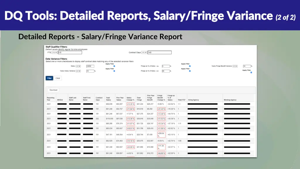 dq tools detailed reports salary fringe variance 1