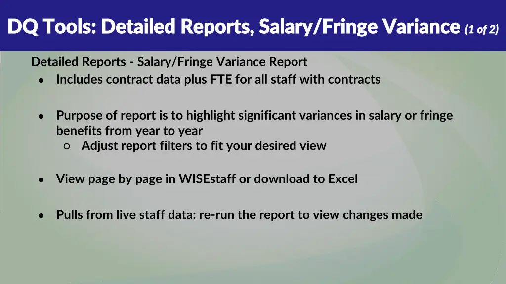 dq tools detailed reports salary fringe variance