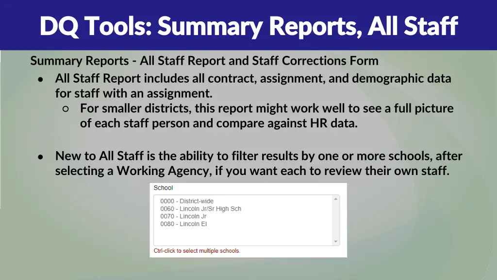 dq tools summary reports all staff dq tools
