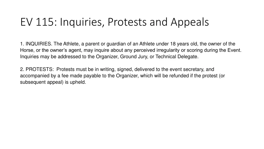 ev 115 inquiries protests and appeals
