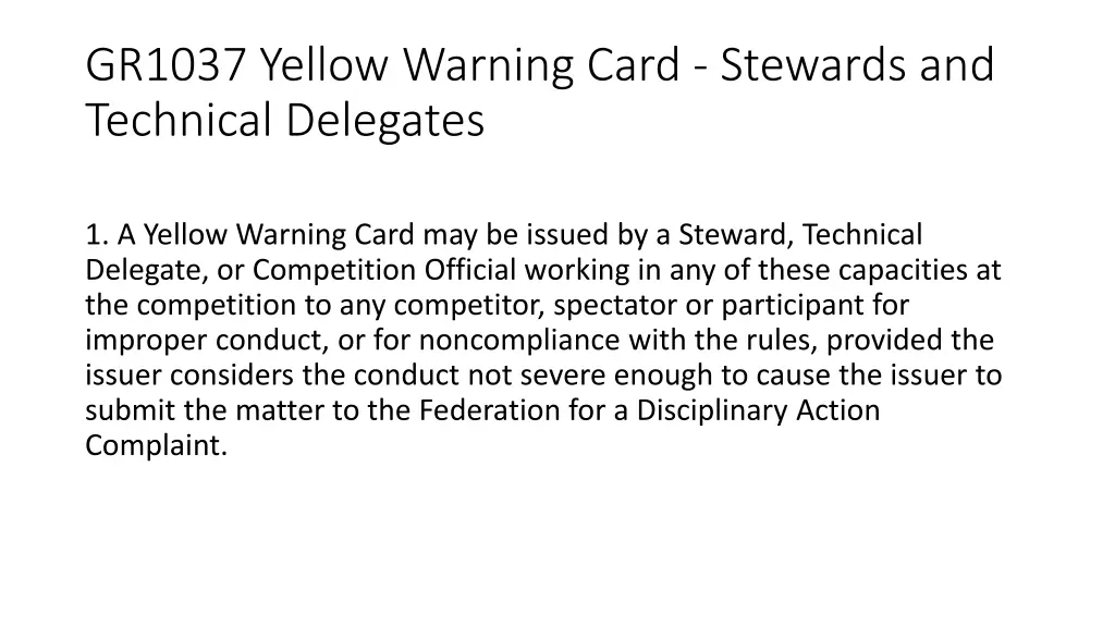 gr1037 yellow warning card stewards and technical