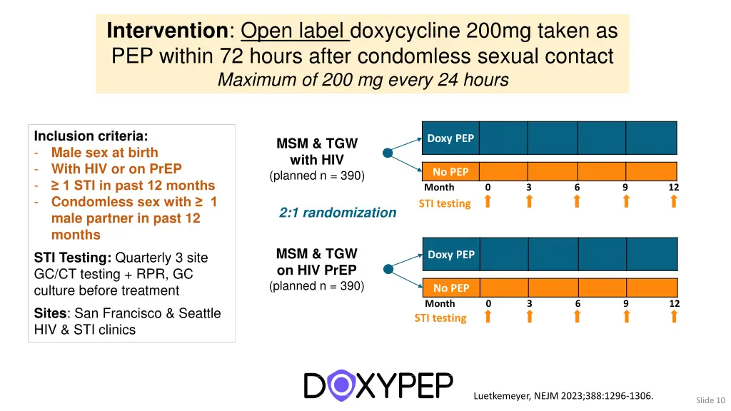 intervention open label doxycycline 200mg taken