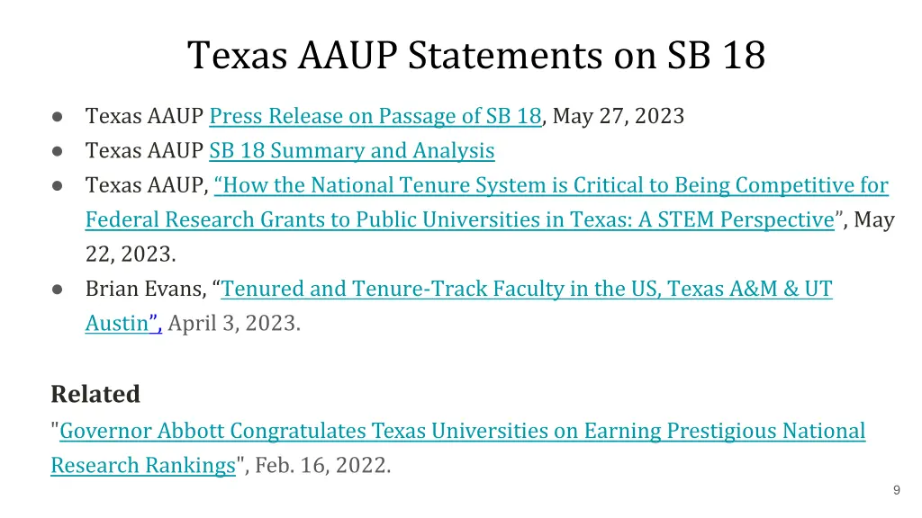 texas aaup statements on sb 18