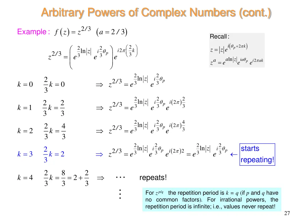 arbitrary powers of complex numbers cont