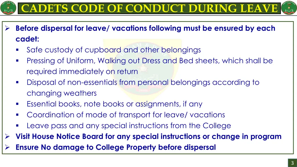 cadets code of conduct during leave