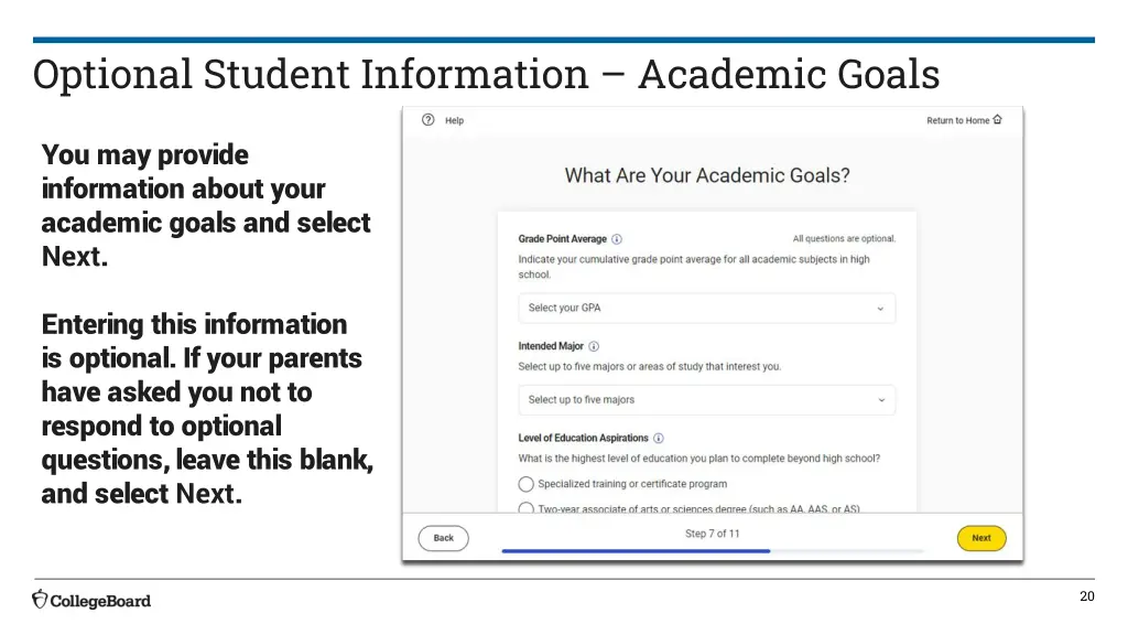 optional student information academic goals