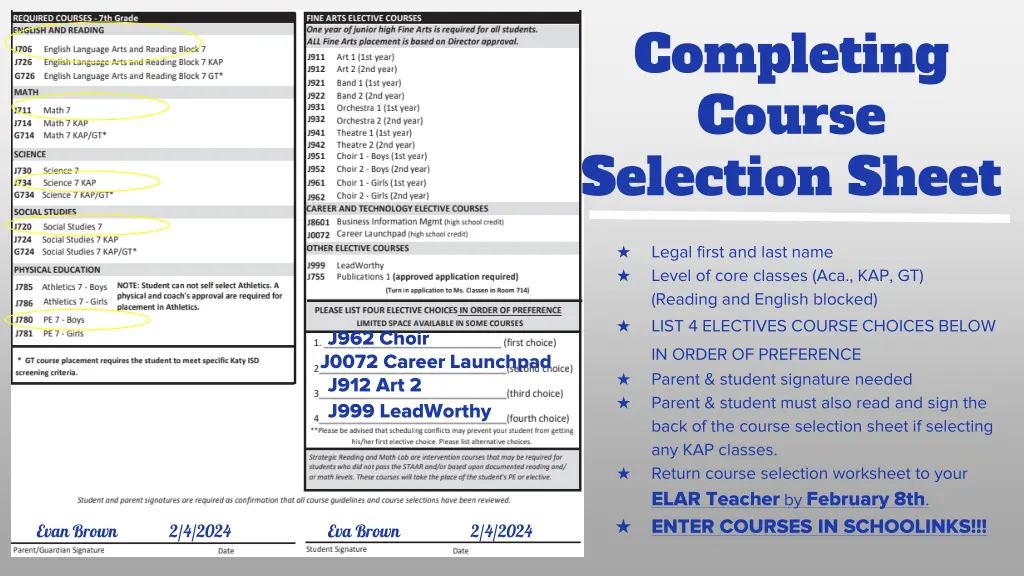 completing course selection sheet