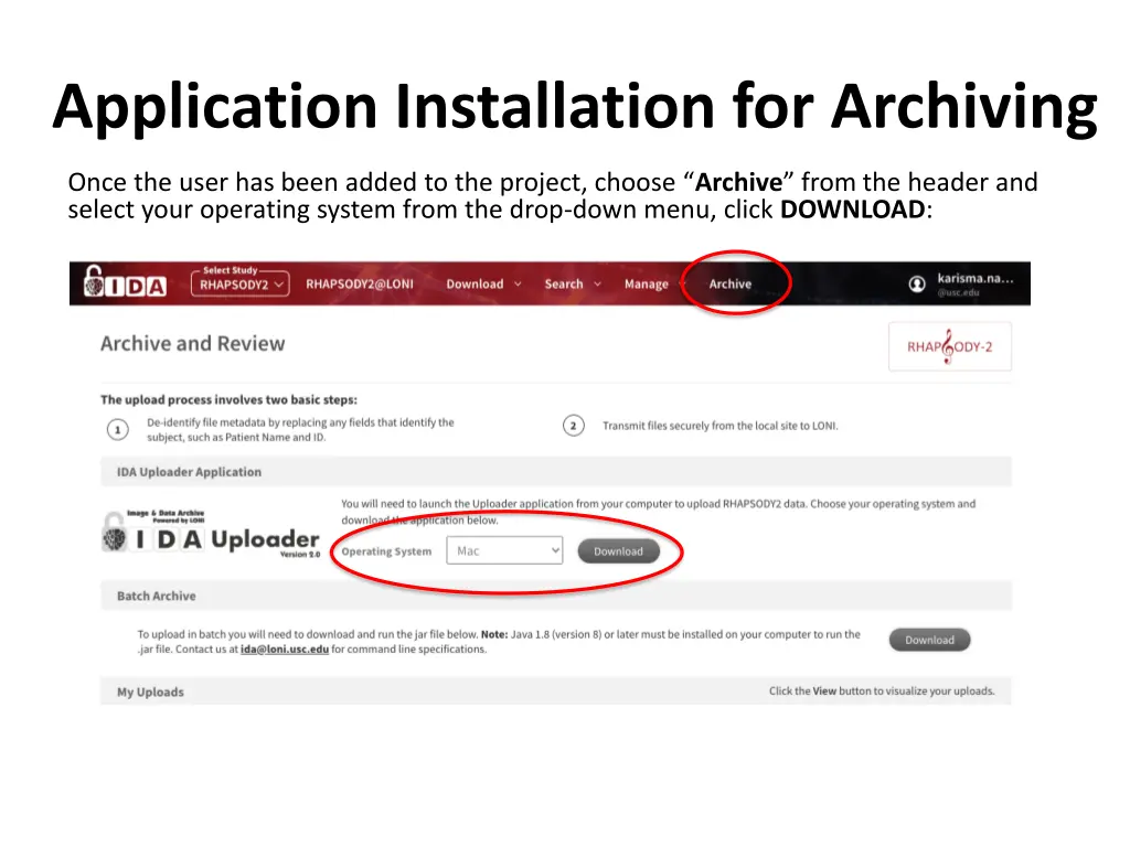 application installation for archiving