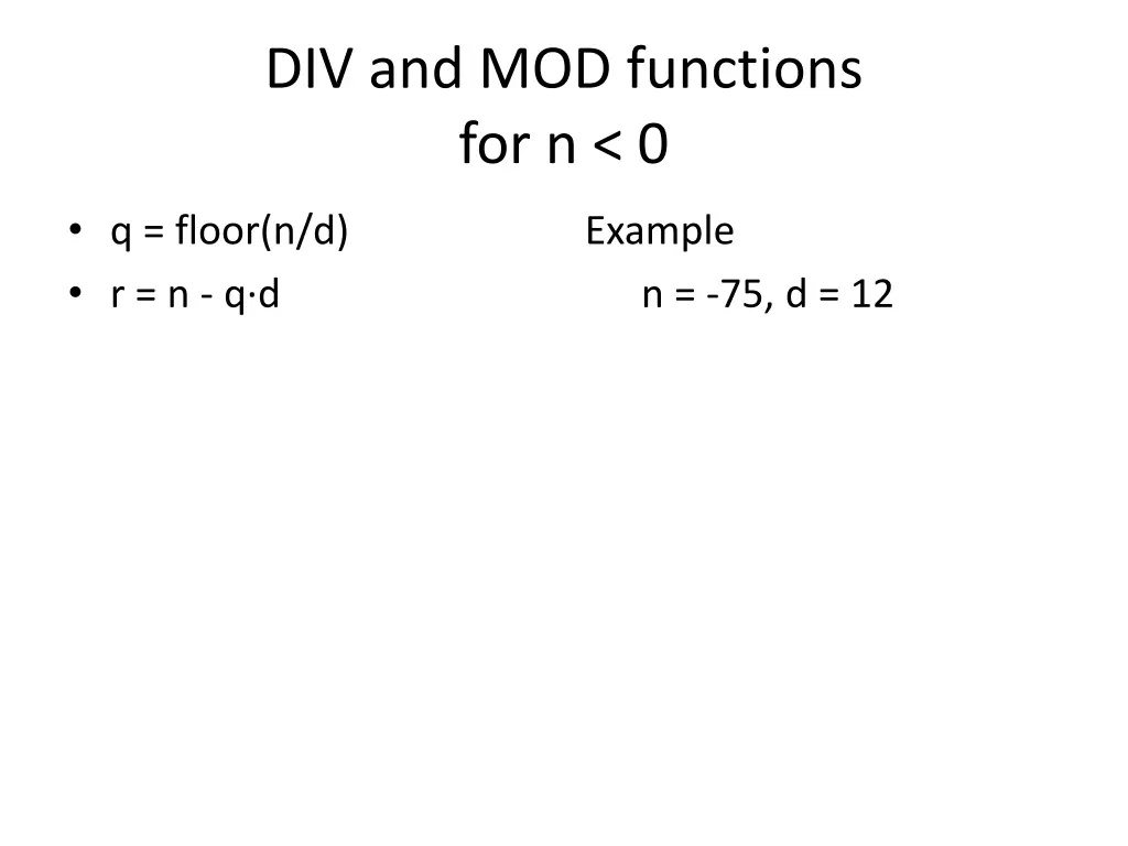 div and mod functions for n 0 1