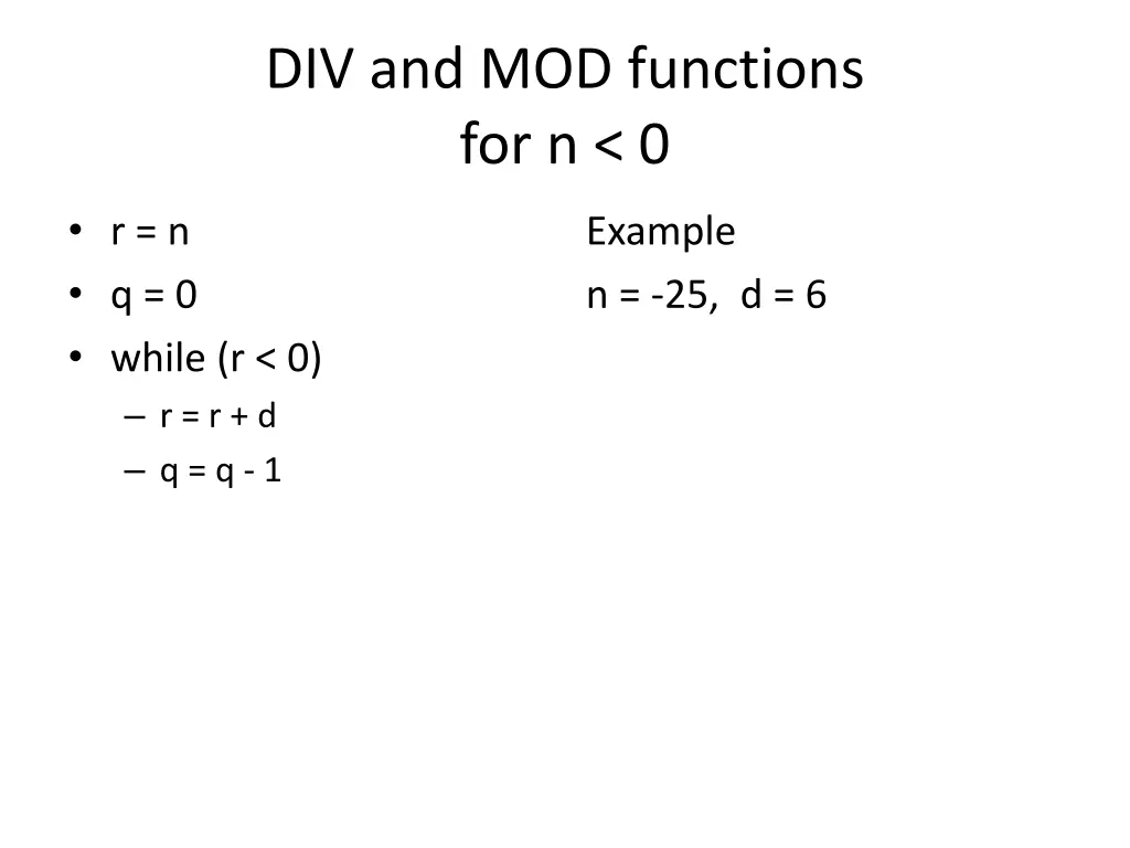 div and mod functions for n 0 2