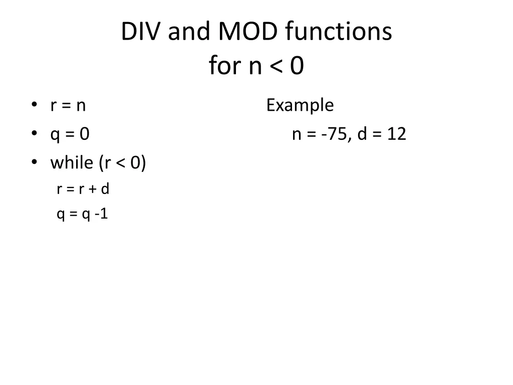 div and mod functions for n 0 3