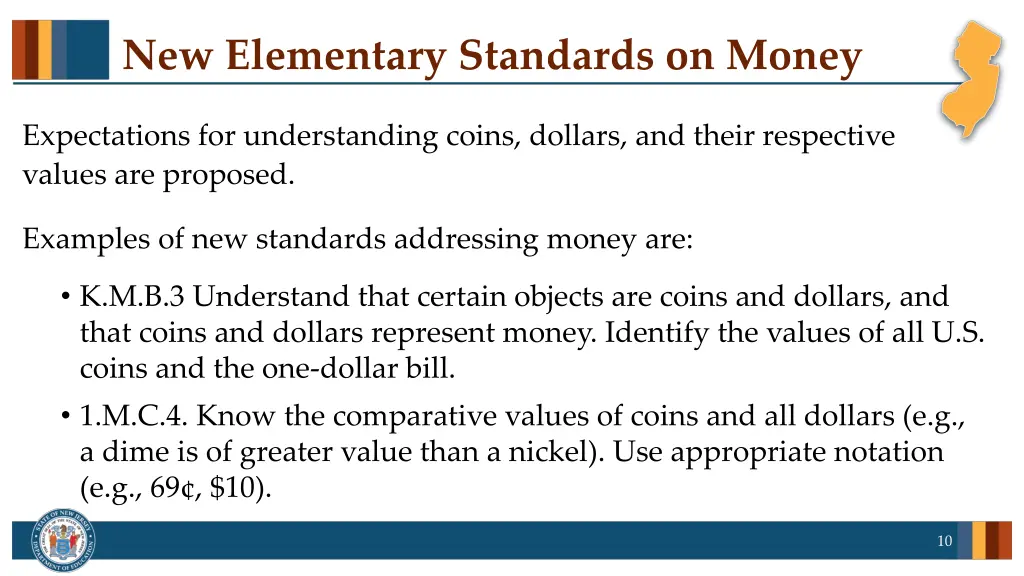 new elementary standards on money
