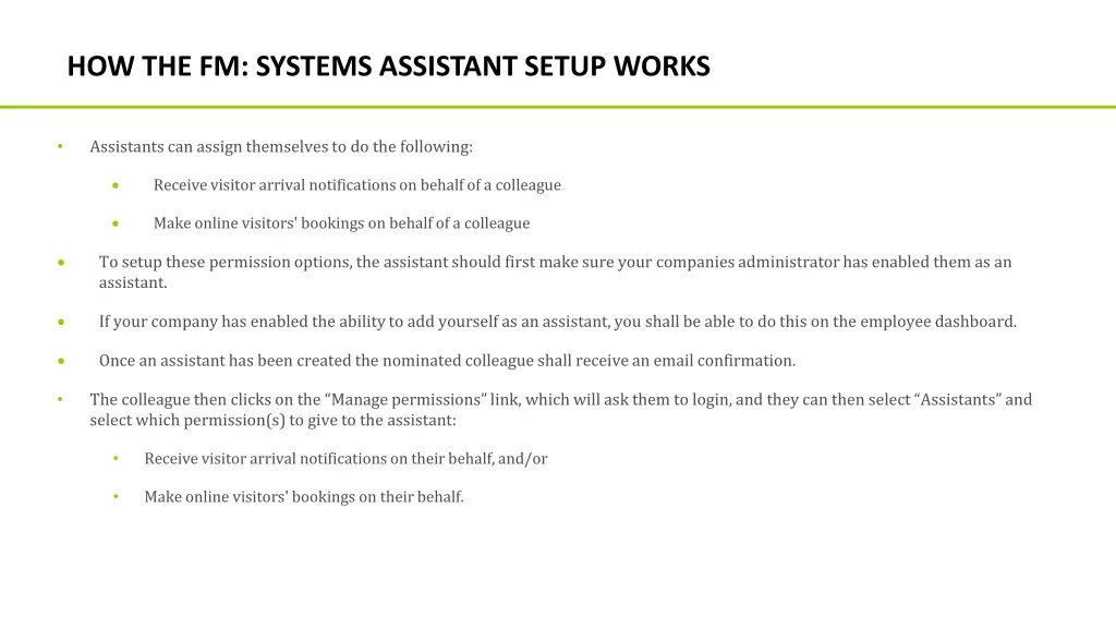 how the fm systems assistant setup works