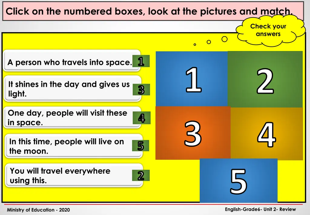 click on the numbered boxes look at the pictures