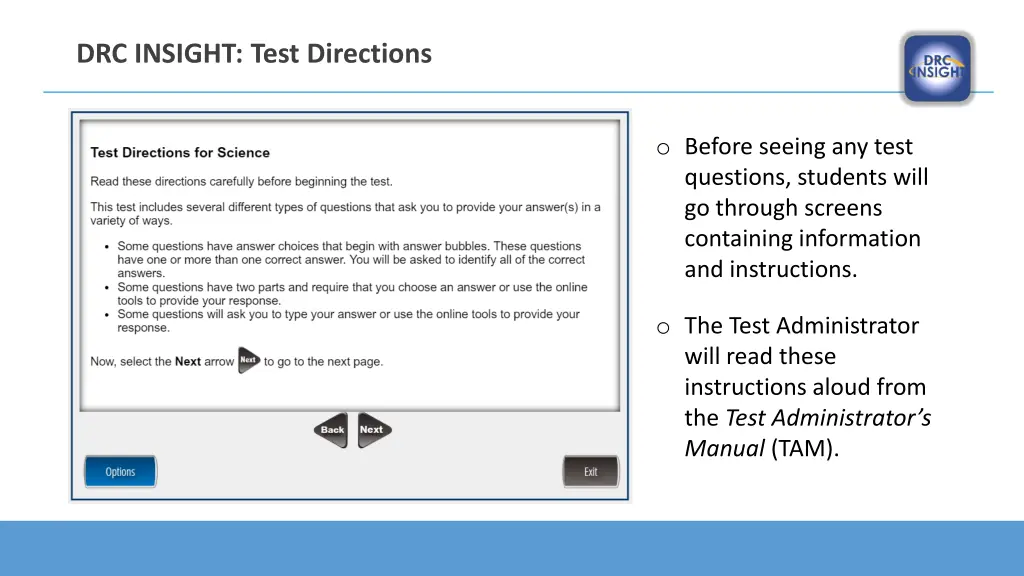 drc insight test directions