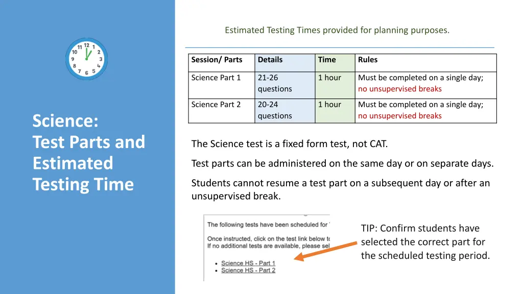 estimated testing times provided for planning 1