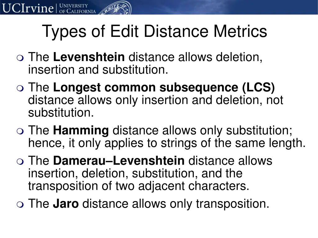 types of edit distance metrics