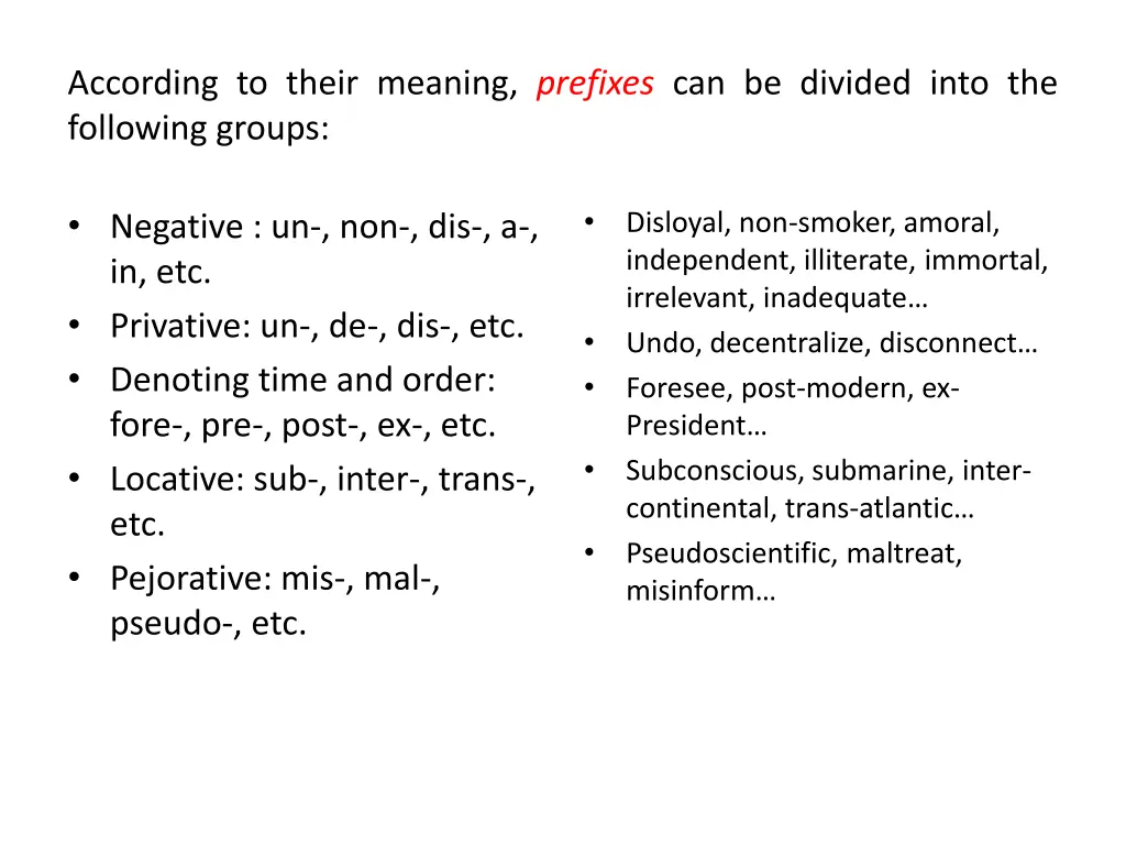 according to their meaning prefixes