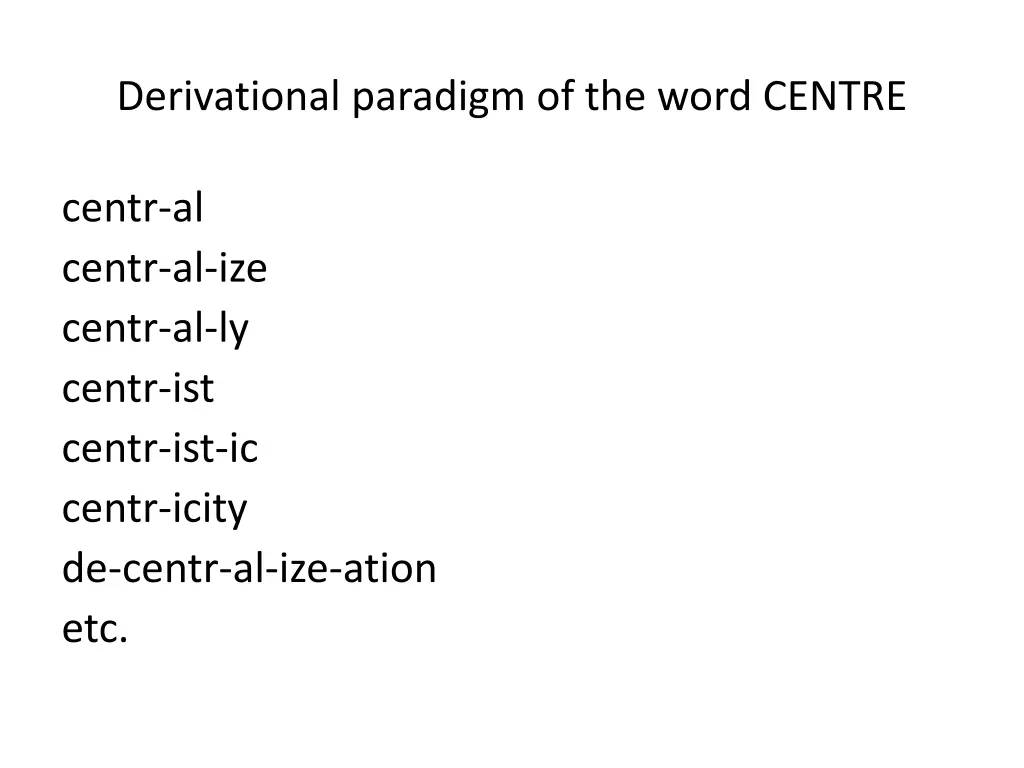 derivational paradigm of the word centre