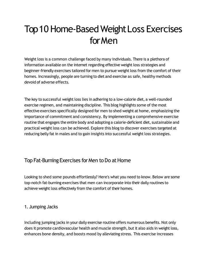 top 10 home based weight loss exercises for men