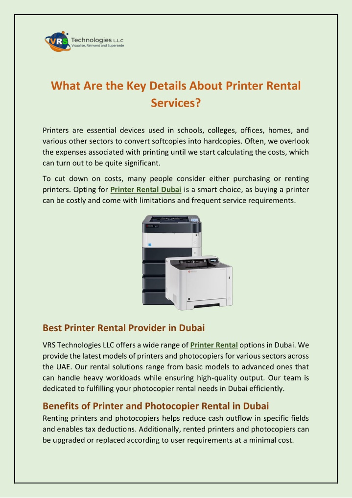 what are the key details about printer rental