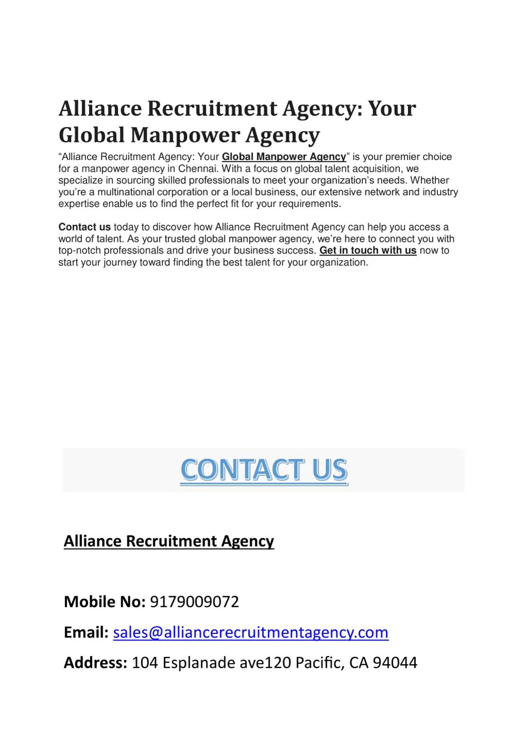 alliance recruitment agency your global manpower