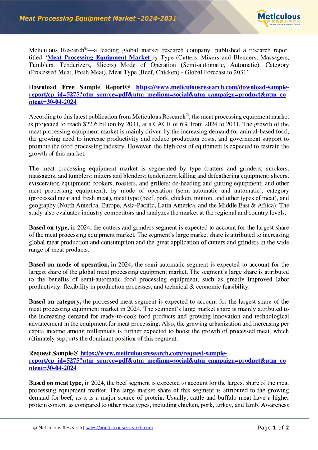 meat processing equipment market 2024 2031