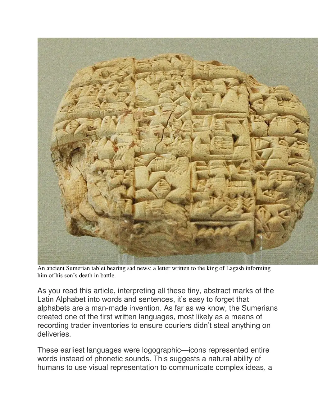 an ancient sumerian tablet bearing sad news