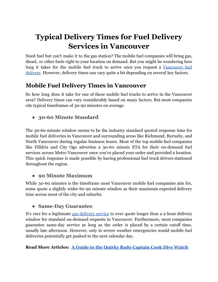 typical delivery times for fuel delivery services