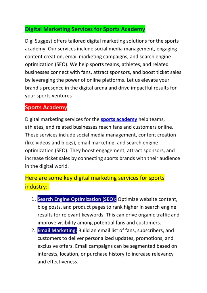 digital marketing services for sports academy