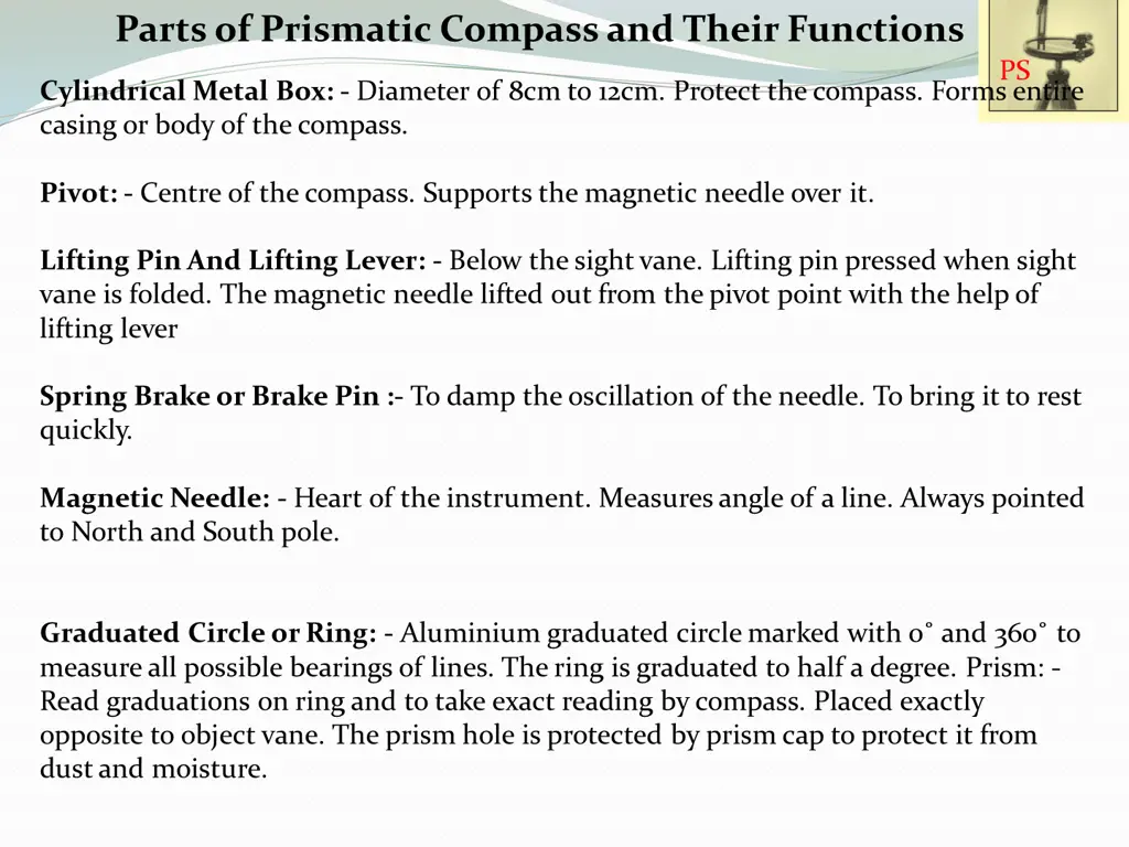 parts of prismatic compass and their functions