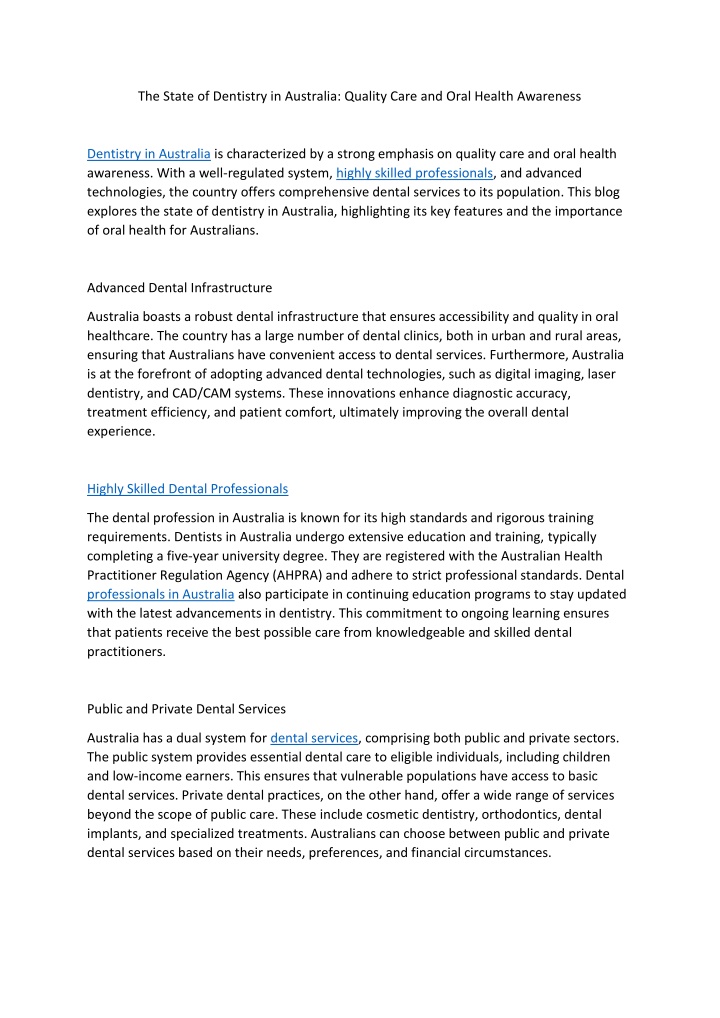 the state of dentistry in australia quality care