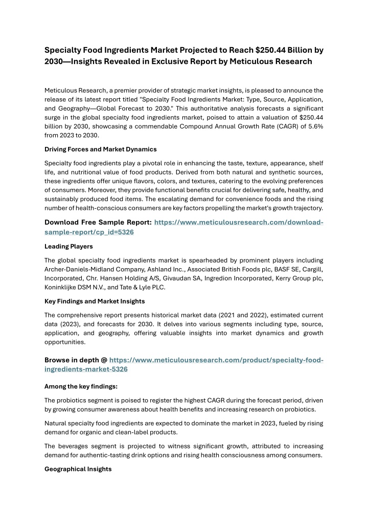 specialty food ingredients market projected