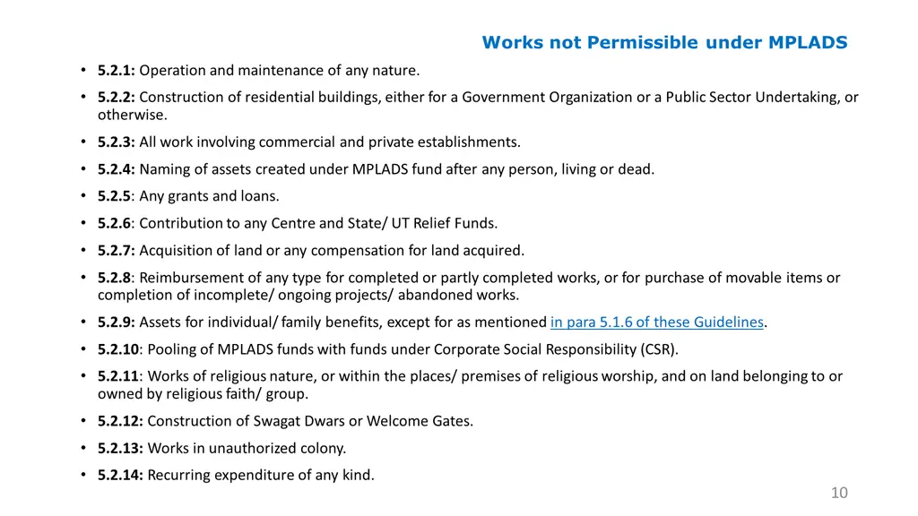 works not permissible under mplads