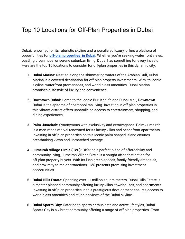 top 10 locations for off plan properties in dubai