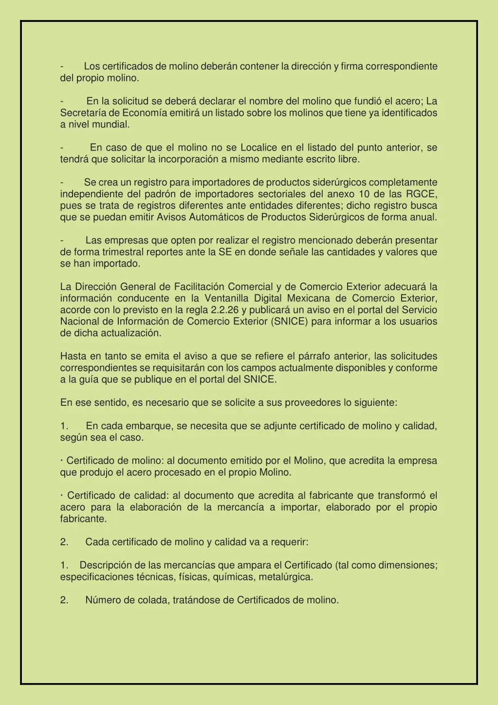 los certificados de molino deber n contener