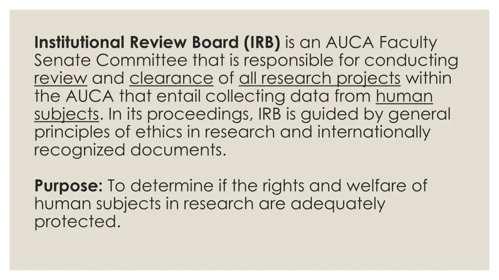 institutional review board irb is an auca faculty