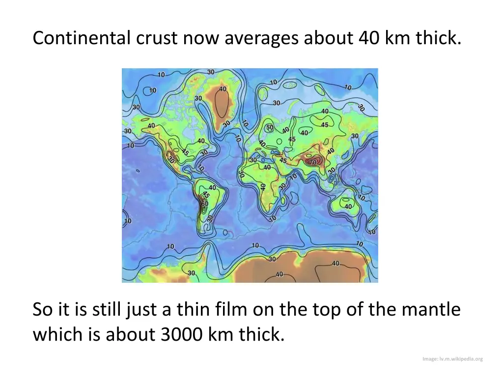 continental crust now averages about 40 km thick