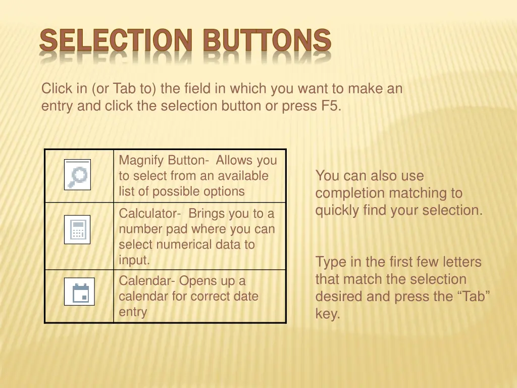 selection buttons selection buttons