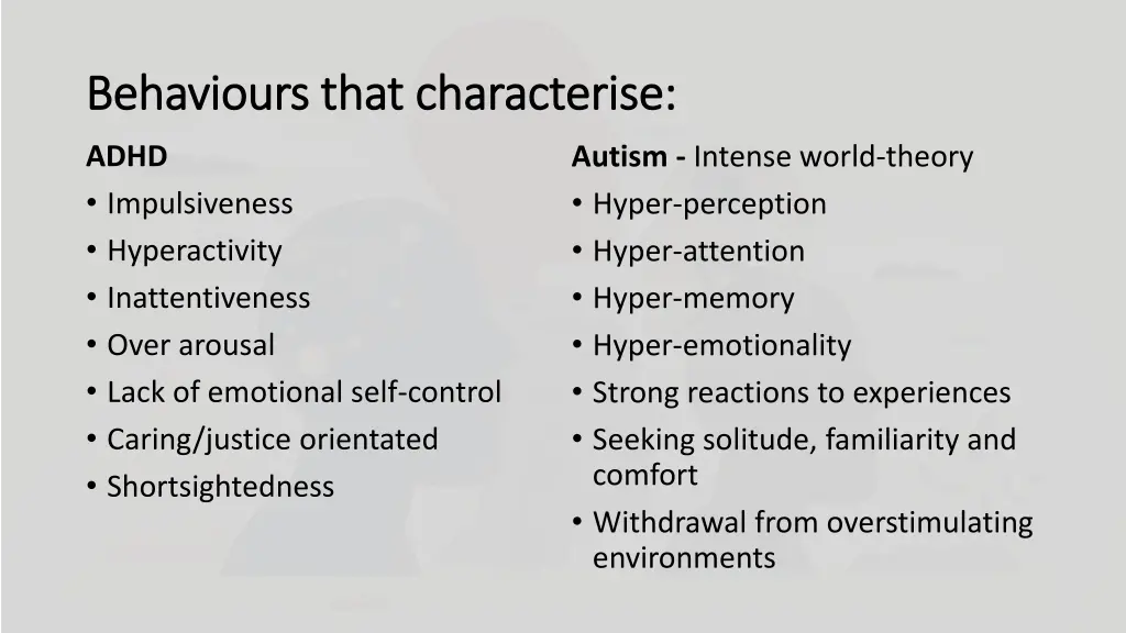 behaviours that characterise behaviours that