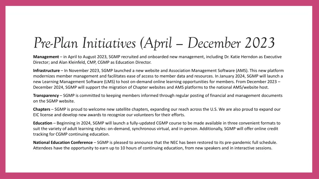 pre plan initiatives april december 2023