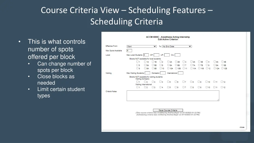 course criteria view scheduling features 1