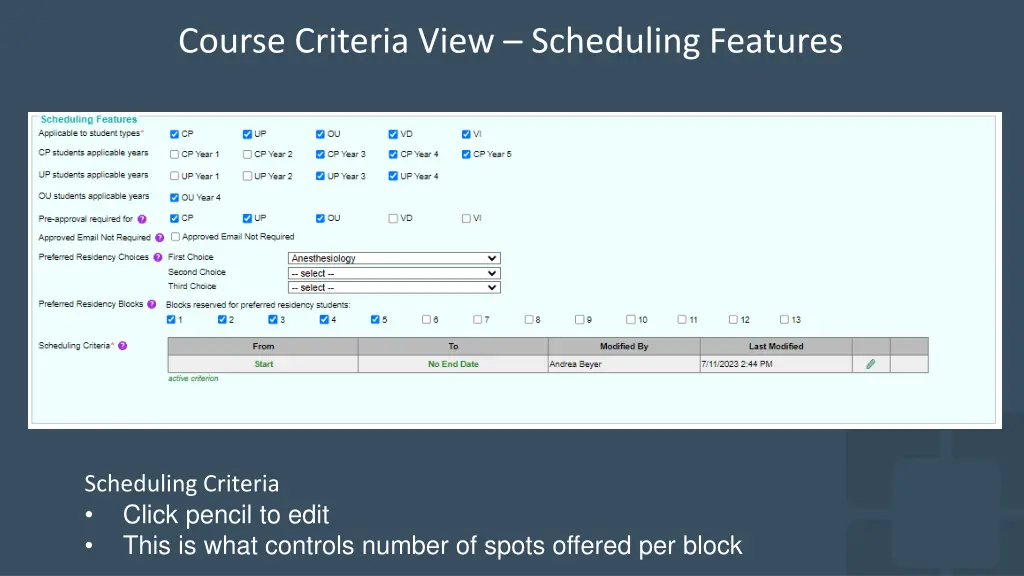 course criteria view scheduling features