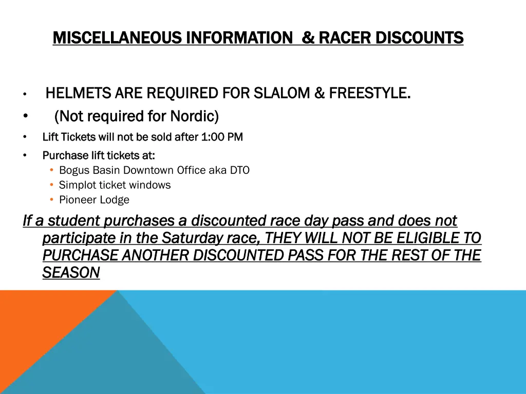 miscellaneous information racer discounts