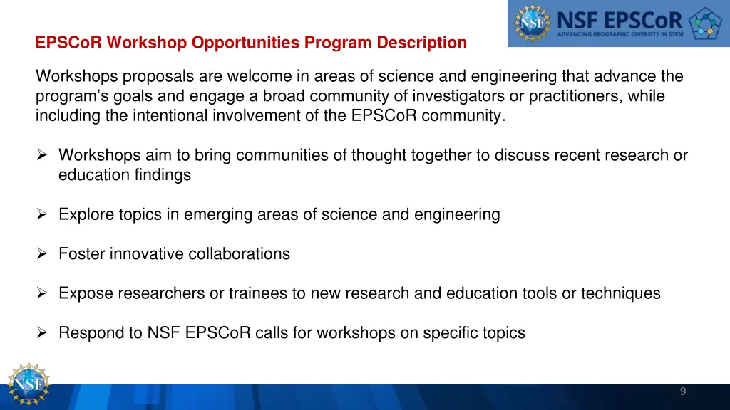 epscor workshop opportunities program description