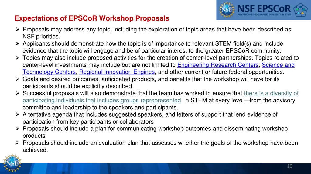 expectations of epscor workshop proposals