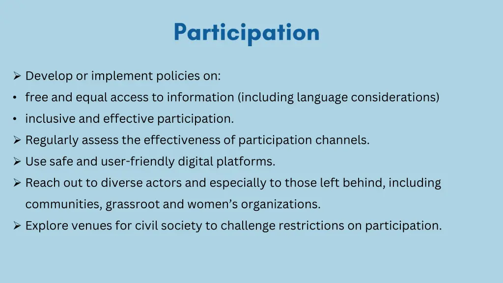 develop or implement policies on free and equal