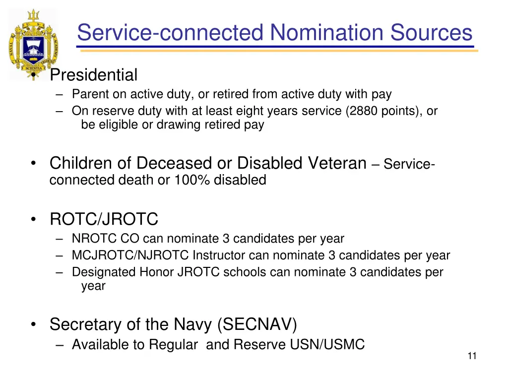 service connected nomination sources